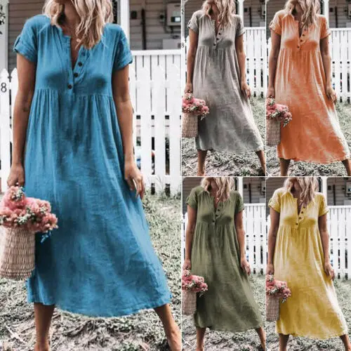 Женское платье-туника Boho длинное платье из хлопка и льна с коротким рукавом