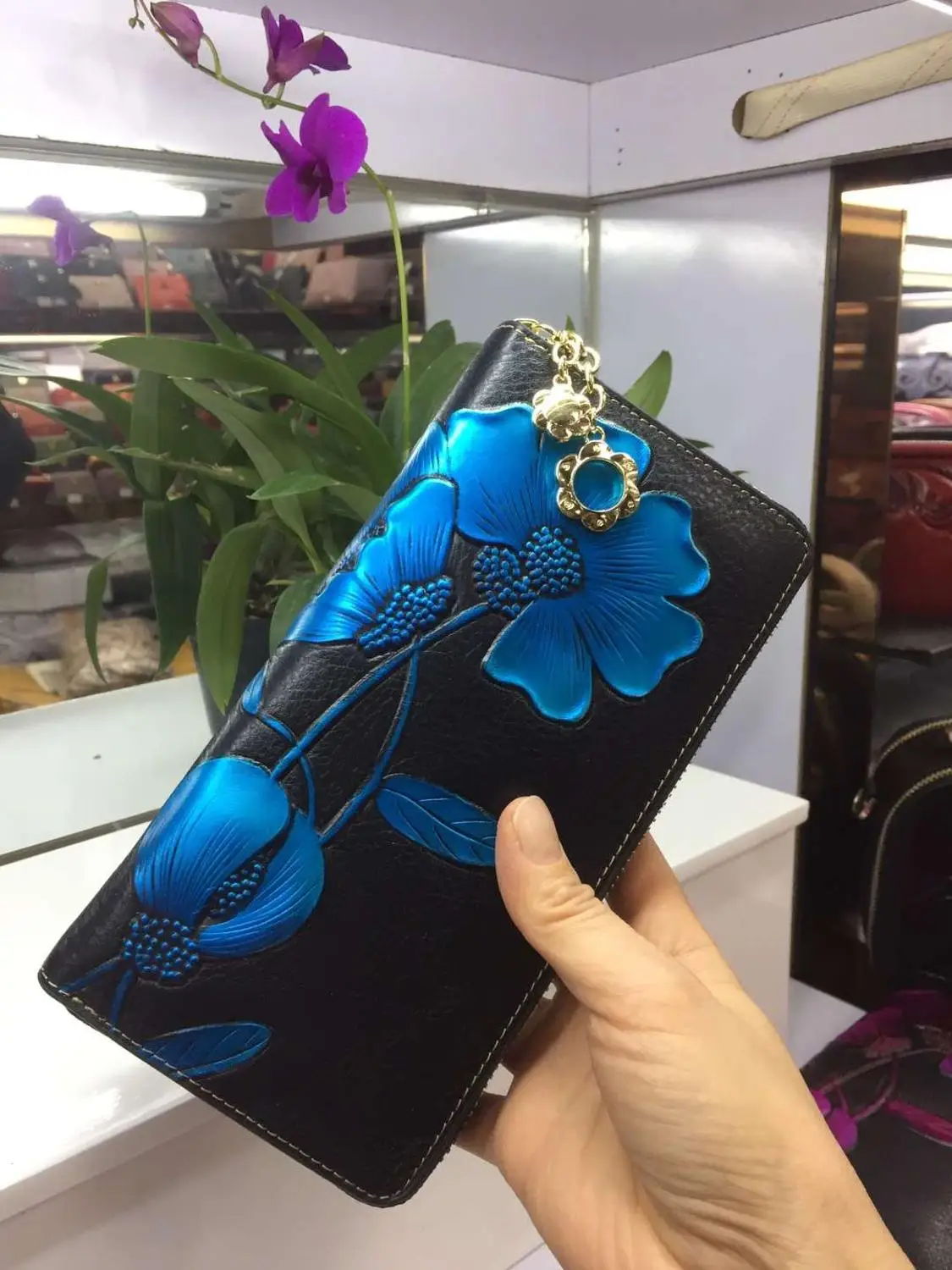 blue Роскошный женский кошелек, известный бренд, модный кошелек, винтажный кошелек с цветочным принтом, сумки для мобильных телефонов, Дамский клатч, кошелек для монет - Цвет: blue