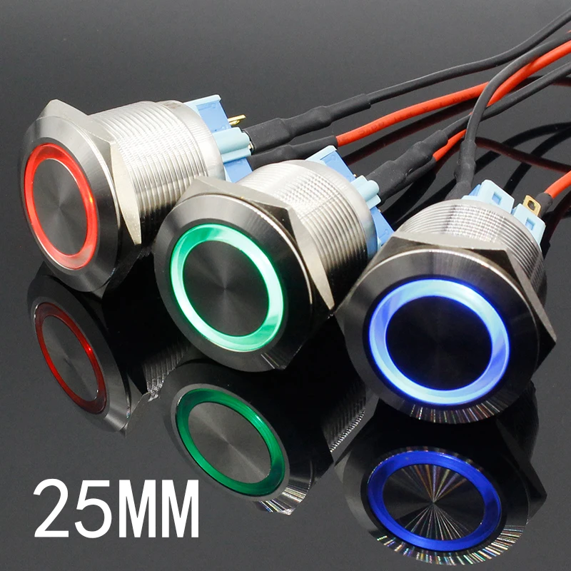 

25mm 6V 12V 24V 220V Blue Ring Led Light Momentary/Locking Push Button Switch DPST Metal Industrial Boat Car DIY Switch