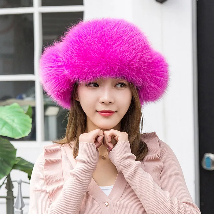 

Winter Hats for Women Large Fox Pompom Caps Women's Natural Fox Fur Hats Korean Autumn Hat with Ears Gorros Mujer Invierno MY808