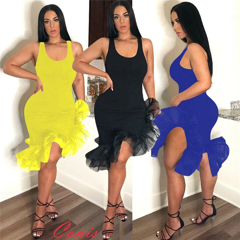 Женское коктейльное мини платье с рюшами без рукавов однотонное черное желтое