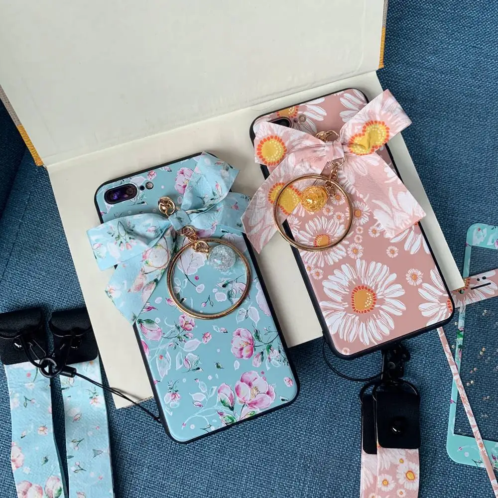 KISSCASE Girly Chic Flower Print Case For iPhone X XS XR MAX Protective film Bow Ring Rope for 6 6S 7 8 Plus Capa |