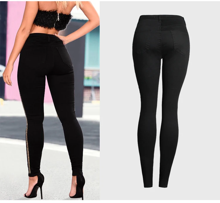 KENNTRICE черные джинсы женская уличная карандаш брюки для девочек Slim Fit золотая линия боковой полосой мама для женщин; большие размеры 3xl