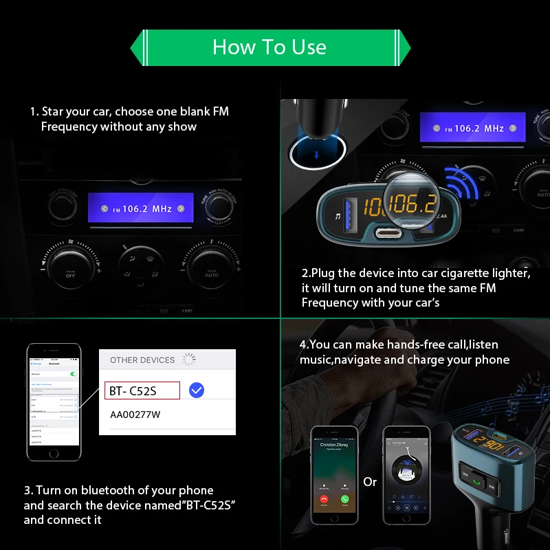 VANJEW C52, автомобильные аксессуары, громкая связь, Bluetooth, автомобильный fm-передатчик, Автомобильный MP3-плеер, TYPE-C, быстрая зарядка, аудио, двойной USB, автомобильная зарядка