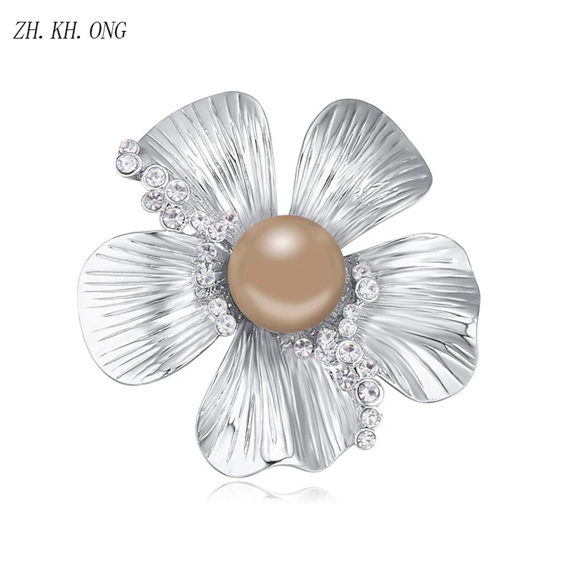ZH.KH.ONG Vintage Style Imitation Pearl Flower Brooch Elegant White Rhinestones Brooches and Pins for Women jewelry X51 | Украшения и