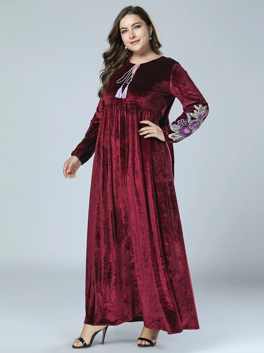 Женский красный бархат abaya Макси мусульманское платье длинный Восточный халат