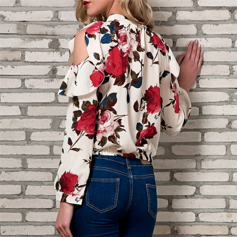 hirigini Fashion Office Lady Tops Ruffle Floral Blouses 2018 New Women Casual long Puff Sleeve Frill Trim Calico Print Blouse | Женская