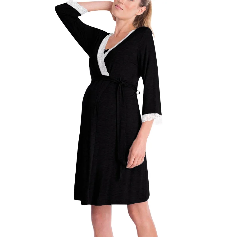 Платье для кормящих матерей элегантное кружевное осеннее Черное До Колена Для