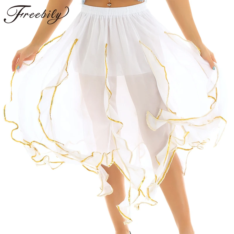 

Women Belly Dance Panel Skirt Elastic Waistband Ruffled Gold Trim Asymmetric Maxi Tribal Chiffon Performance Costume Dance Skirt