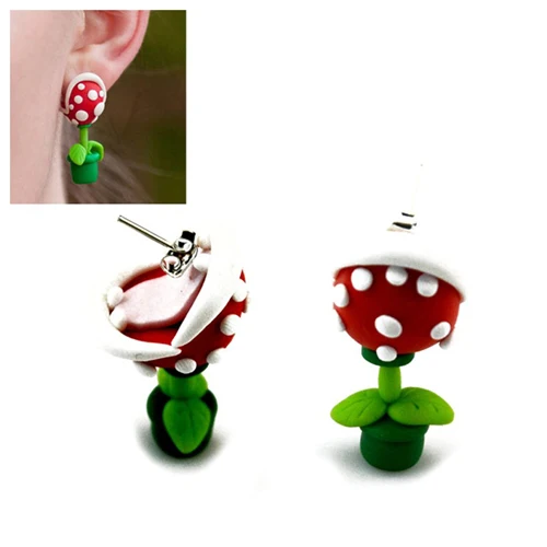 Piranha Flower Модные серьги-гвоздики в виде животных ручной работы из полимерной глины, акулы, крокодила, кота, пираньи, серьги для женщин, серьги для пирсинга, ювелирные изделия - Окраска металла: Piranha Flower