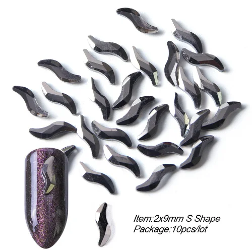 2x9mm S Shape 10 шт, черные стразы, украшения для дизайна ногтей, сердце, капли в форме кристалла, камни с плоской задней частью, дизайн ногтей, ювелирные камни TR724 - Цвет: 2x9mm S Shape