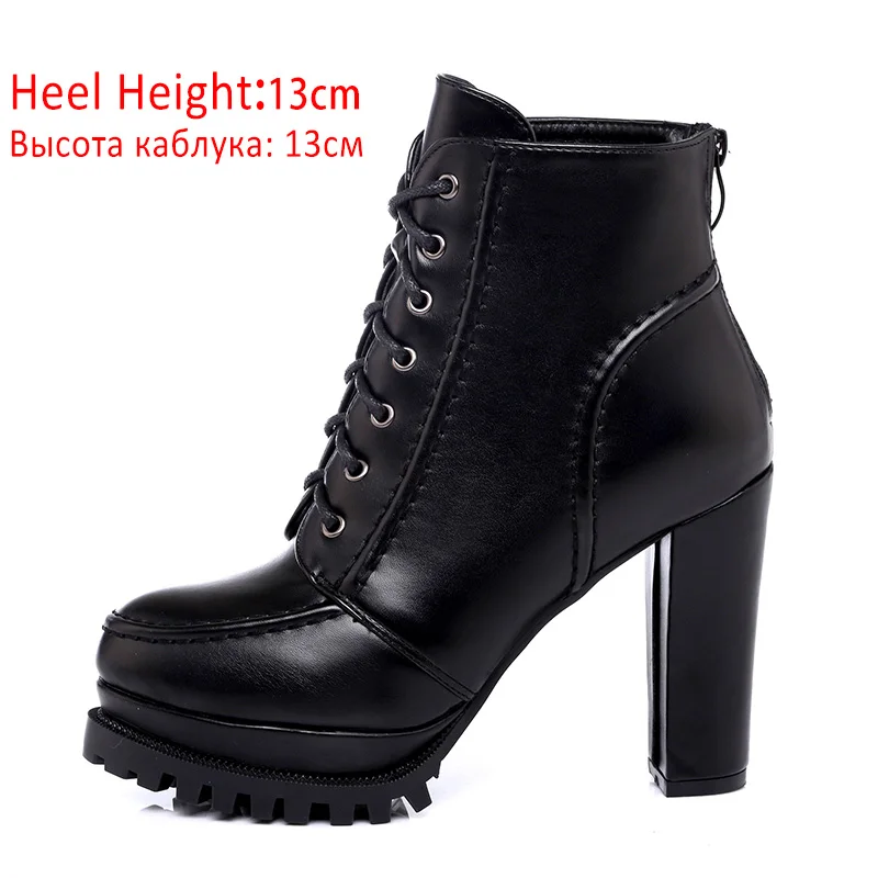 Black Shoes 13cm Ботинки на платформе; женские зимние ботильоны; женские ботинки; Осенняя повседневная обувь на плоской подошве с круглым носком на шнуровке; женская обувь; большие размеры - Цвет: Black Shoes 13cm