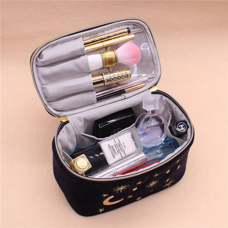 Новинка, милая бархатная косметичка с вышивкой в виде звезд, модная женская сумка для косметики, Большая вместительная женская косметичка