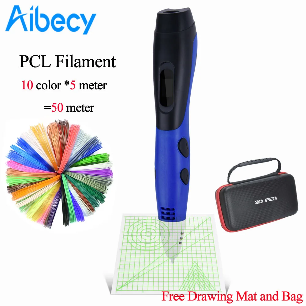 blue with 50M PCL 3D печать Ручка низкая температура 3D Ручка с ЖК-дисплеем PCL нити заправки автоматическая подача сумка и коврик для рисования - Цвет: blue with 50M PCL