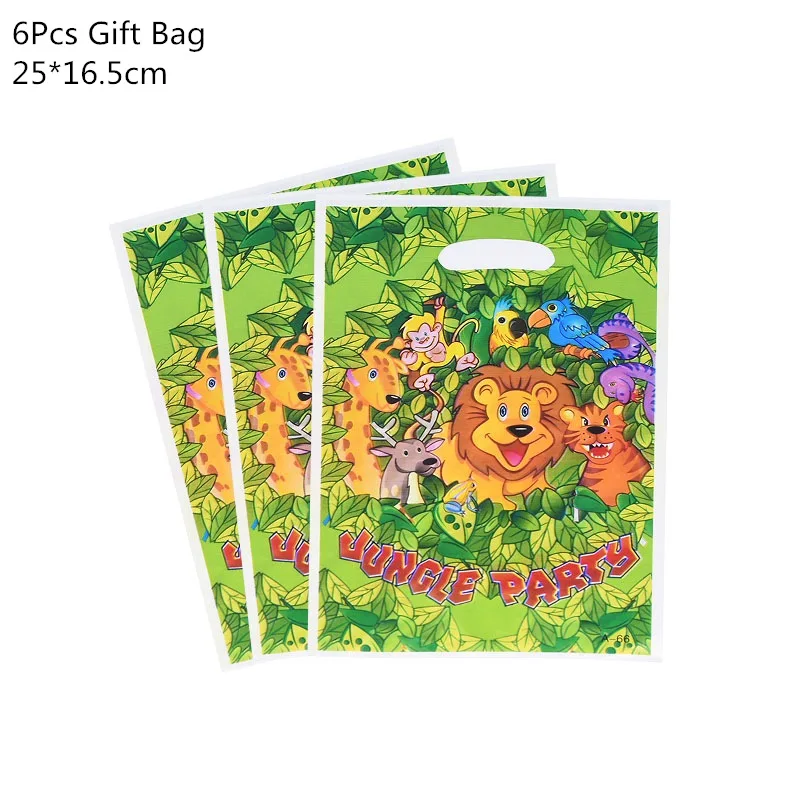 6pcs gift bag Джунгли день рождения одноразовые столовые приборы Джунгли животных одноразовые тарелки/чашки/салфетки сафари джунгли вечерние украшения принадлежности - Color: 6pcs gift bag