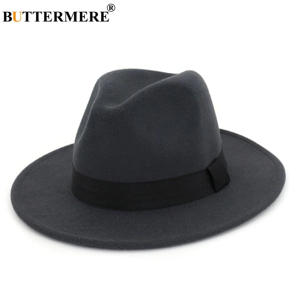 dark gray hat BUTTERMERE фетровые шляпы для девушек, хлопковая серая джазовая шляпа, Топ для женщин с широкими полями, британская Классическая фетровая шапочка, Женская осенне-зимняя фетровая шапочка - Цвет: dark gray hat