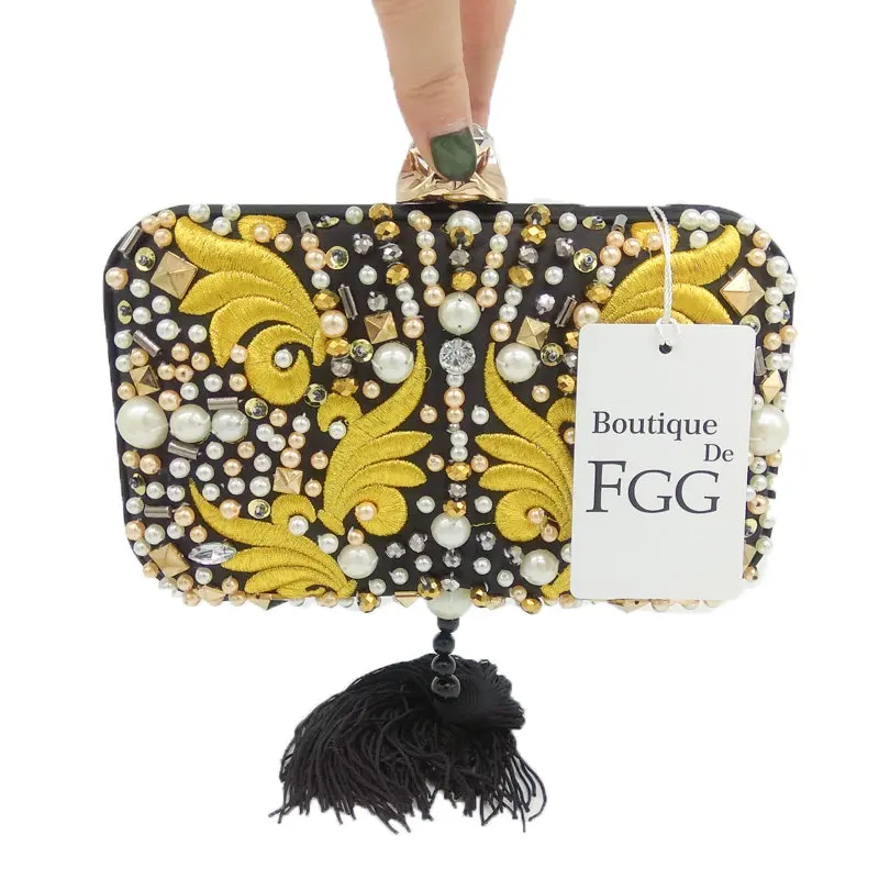 Известная марка бисера заклепки вышивка кисточкой женский черный атлас вечерние