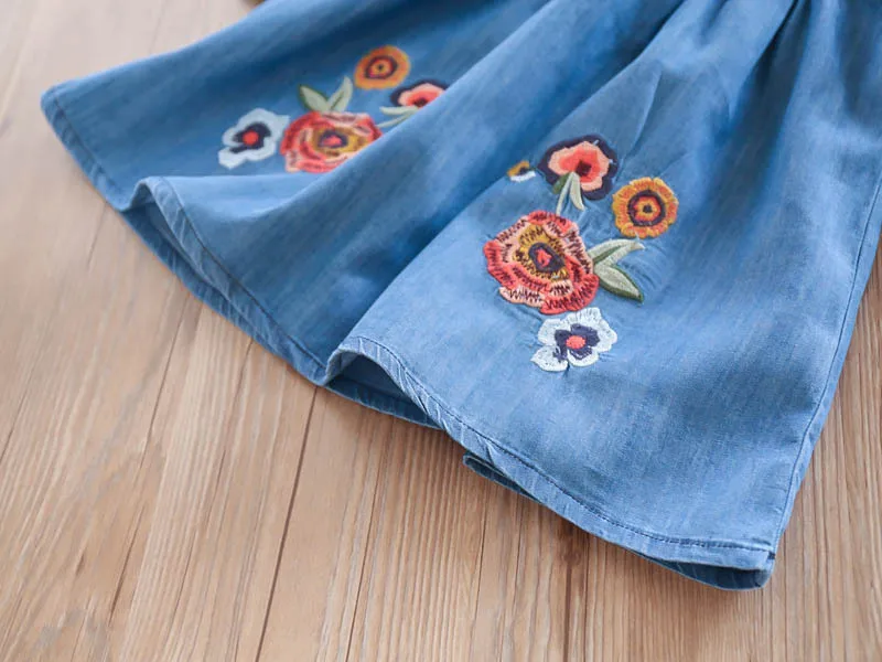 Baby Girls Embroidery Floral Vintage Denim Dress Spring Autumn Ruffles Bow Sweet Kids Clothing | Детская одежда и обувь