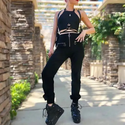 Женские штаны шаровары с высокой талией и цепочкой на молнии длинные в стиле хип