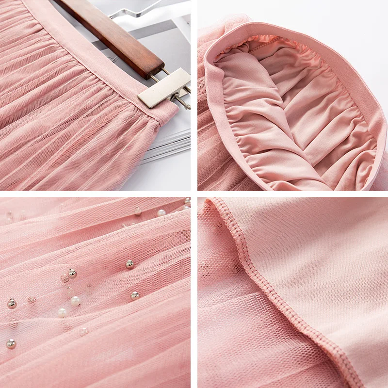 Новая модная летняя плиссированная юбка с нежным жемчугом и фатиновой юбкой