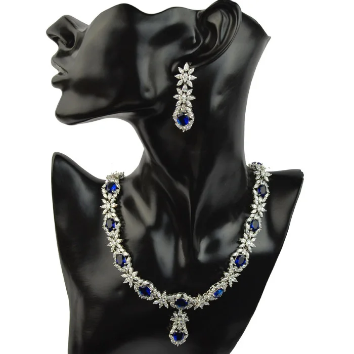New arrival fashion luxury blue/green/red/white zircon necklace earring jewelry set high quality party/wedding for women | Украшения и
