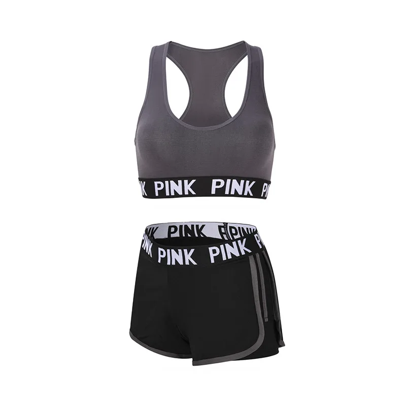 Gray Set Спортивный комплект для женщин, комплект для йоги, женская одежда для тренировок, спортивный комплект для бега, Женская Спортивная одежда для бега, спортивный бюстгальтер, шорты, Conjunto Sport Mujer - Цвет: Gray Set