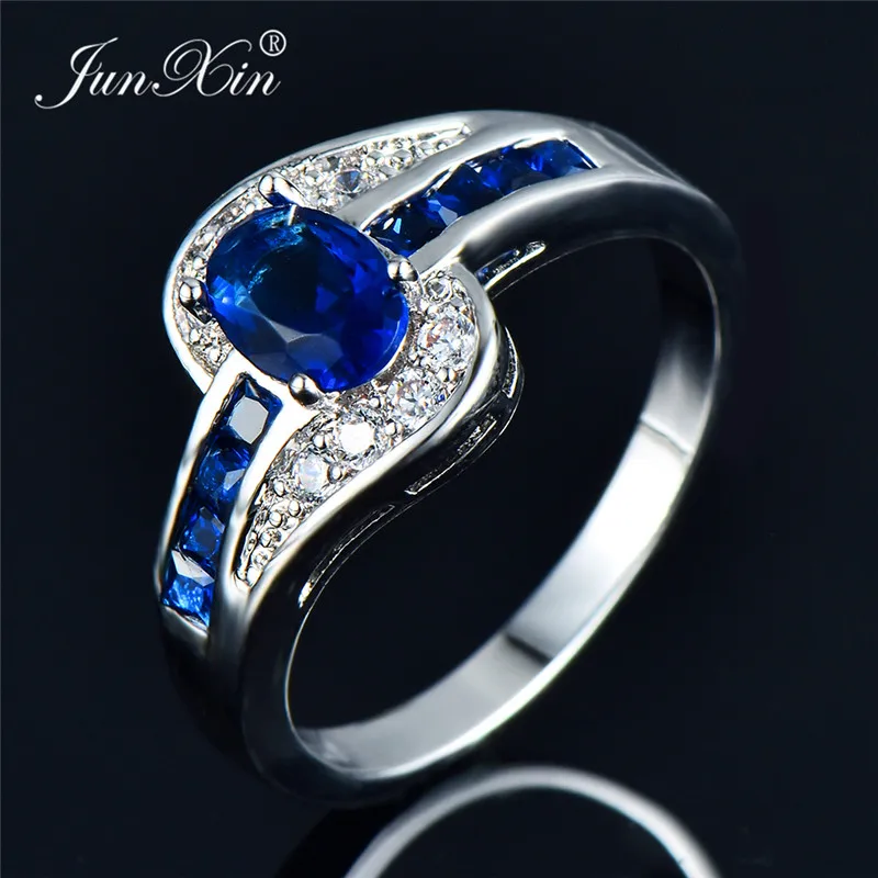 Blue Милое Кристальное женское большое кольцо с красным камнем, Мода 925, серебряные винтажные свадебные кольца, белые, синие, зеленые, фиолетовые кольца для женщин - Цвет основного камня: Blue