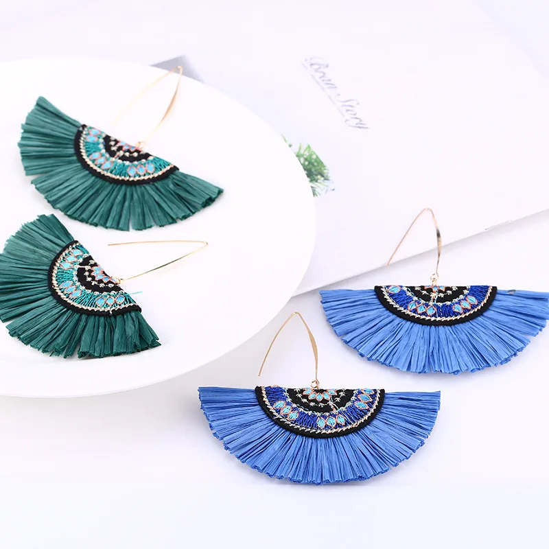 Женские серьги с бахромой из рафии в китайском стиле|Серьги-подвески| |