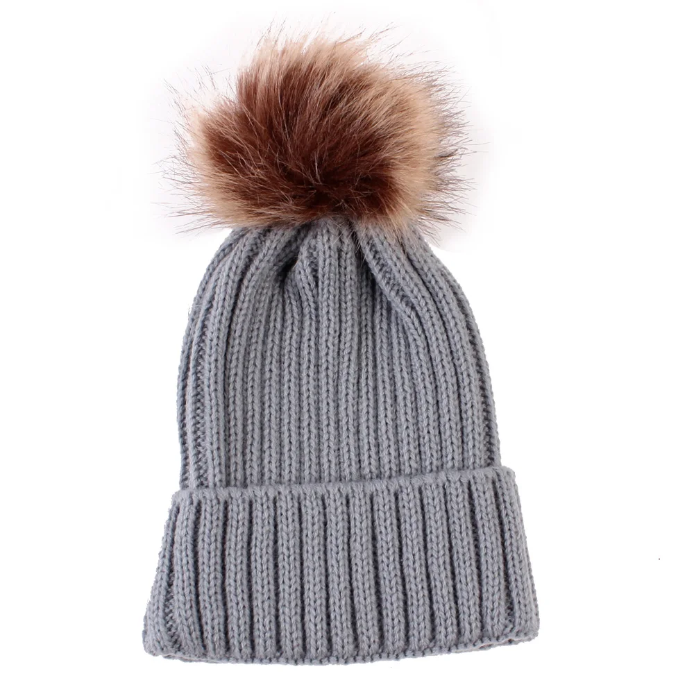 Puseky Artificial Fur Hat For Kids Children Baby Boys Girls Winter Ball Knit Faux Raccoon Pom Bobble Beanie Caps | Детская одежда и