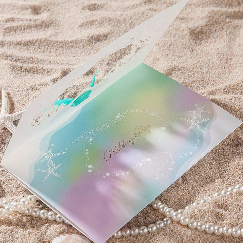 Лазерная резка пляж тематические голубой цвет Свадебное приглашение с лентой |