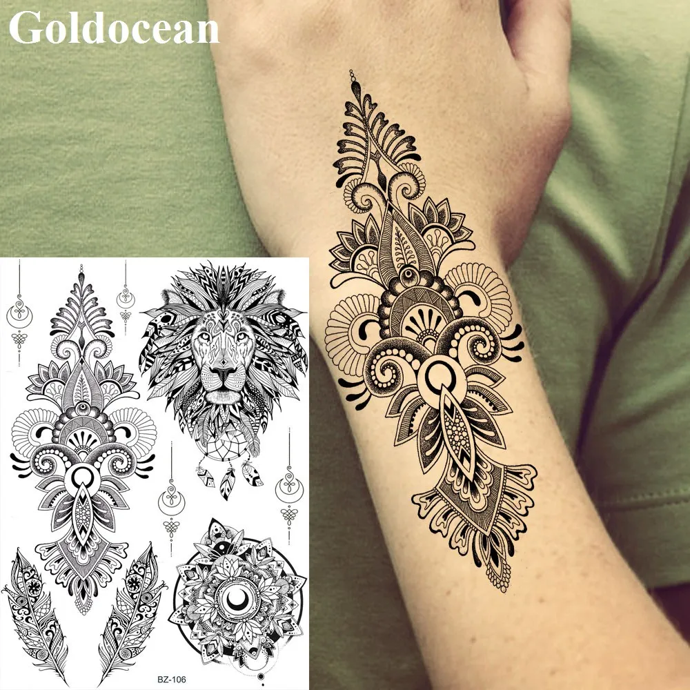 

GoldOcean Henna India Tribal Totem Tattoos Stickers Women Fake Waterproof Tattoo Temporary Black Lion Girls Custom Arm Tatoos