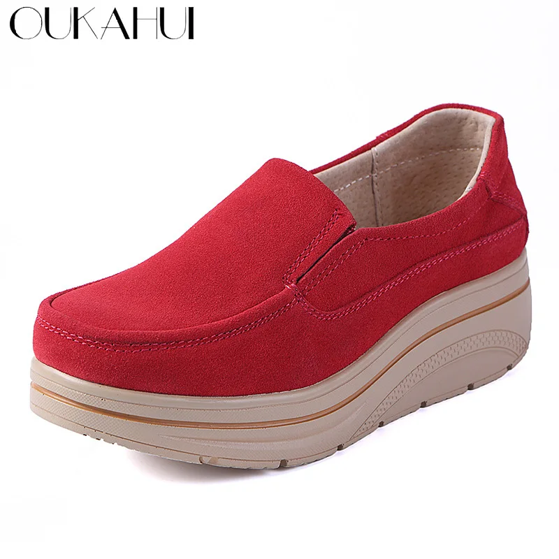 Осенняя обувь OUKAHUI из натуральной кожи на плоской платформе женские повседневные