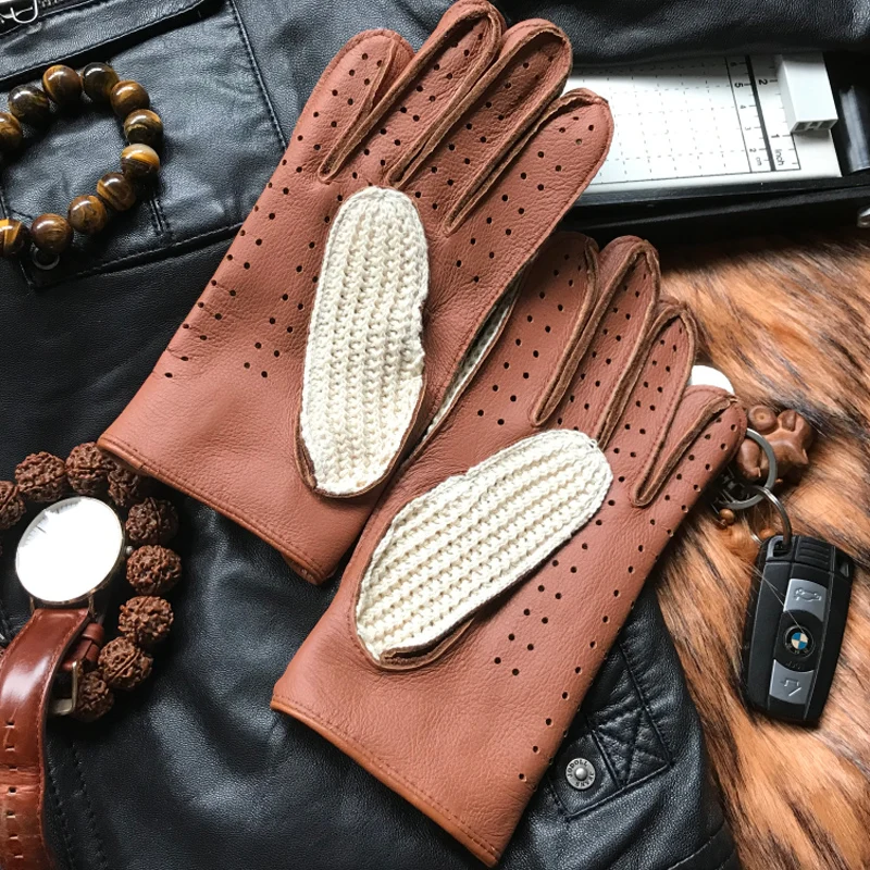 

Man Goatskin Gloves Knitted + Leather Gloves Male Breathable Unlined Locomotive Driving Gloves NEW Fashion Men Leather Gloves
