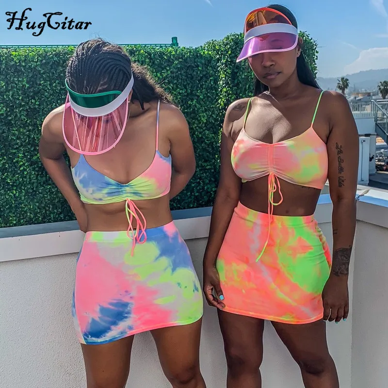 Hugcitar, на тонких бретельках, с принтом tie dye, сексуальная майка, юбка, комплект из 2 предметов,, летние женские модные вечерние, для клуба, для отдыха, спортивный костюм