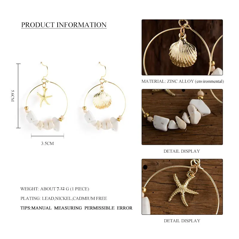 

Vintage Gold Metal Sea Shell Starfish Earrings for Women Gold Circle Dangle Errings with Stone Beads Earrings Beach Jewelry