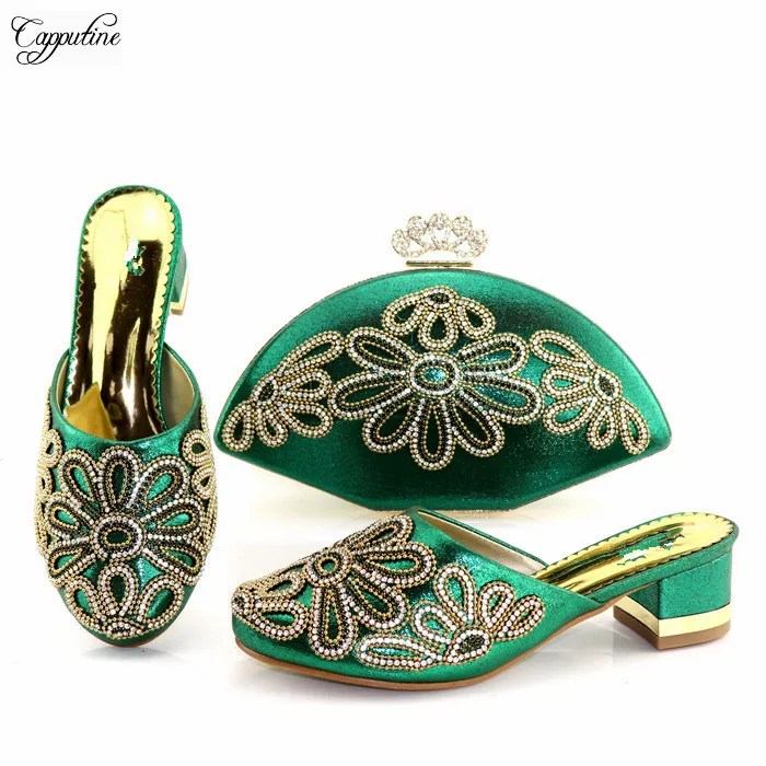 

Fashion green African women shoes and handbag set to match ladies pumps with purse bag slippers clutch 1136-2 heel height 5cm