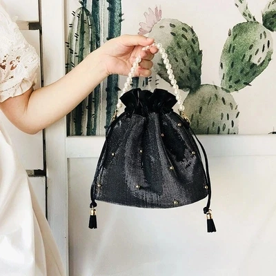 LilyHood Леди вечерняя сумка женская ткань жемчужная ручка корейский стиль милый женский блеск шнурок сумка через плечо - Цвет: Черный