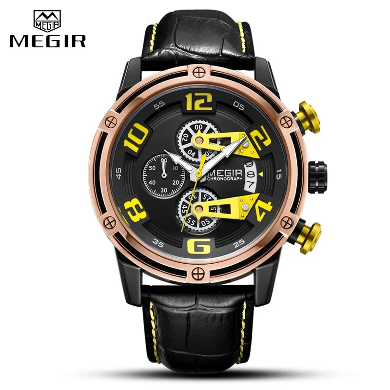 Black Yellow Мужские спортивные кварцевые часы MEGIR с хронографом и кожаным ремешком, мужские Модные Повседневные часы, военные аналоговые часы, мужские часы - Цвет: Black Yellow