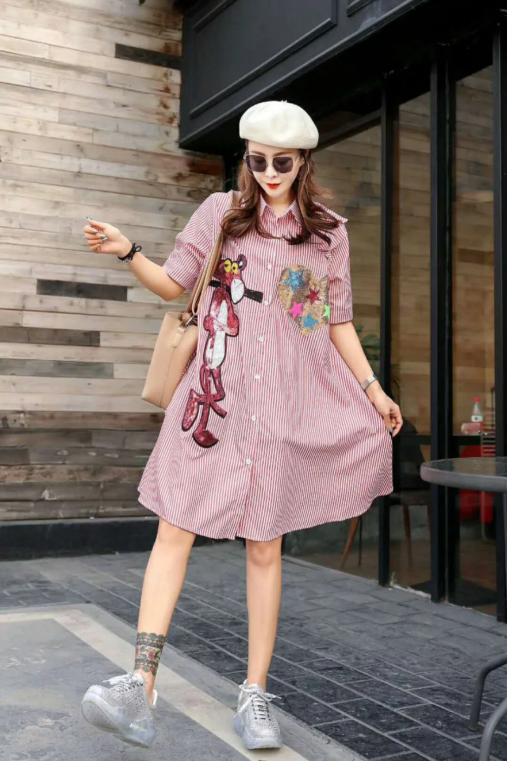 Студенческие корейские повседневные свободные Полосатое платье рубашка для