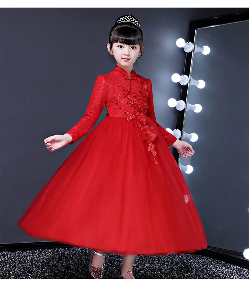 С цветочным рисунком для маленьких девочек Cheongsam Qipao платье для детей с новогодней елкой, бумажный новогодние костюмы Ткань Детские платья Свадебный костюм, одежда