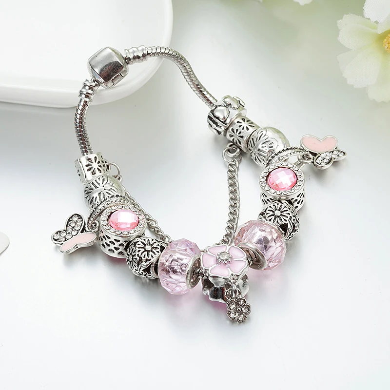 ANNAPAER 2019 новый дизайн фиолетовый эмалевый цветок браслеты и бабочки Шарм Бусины