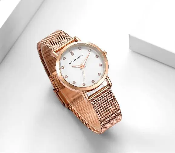 Женские модные розовые золотые кварцевые часы Дамский кожаный ремешок для часов