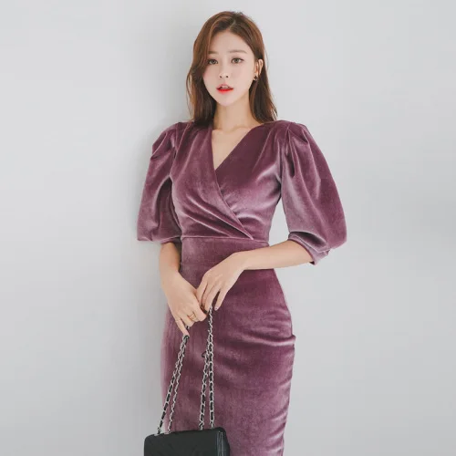 2022 New High Quality Fashion Korean Spring Midi Dress Women Office Bodycon Plus Size Velvet Vestidos Ladies Sexy Party | Женская одежда