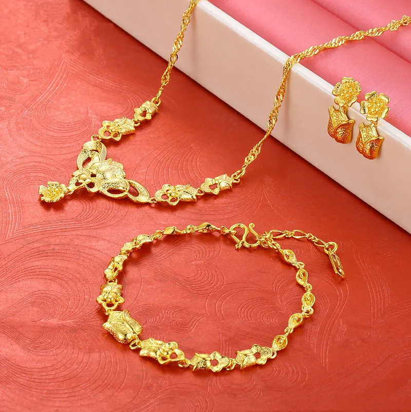 

Beautiful Jewelry Set Yellow Gold Filled Rose Flower Necklace/Bracelet/Earrings Women Wedding Bridal Trendy Set Engagement Item