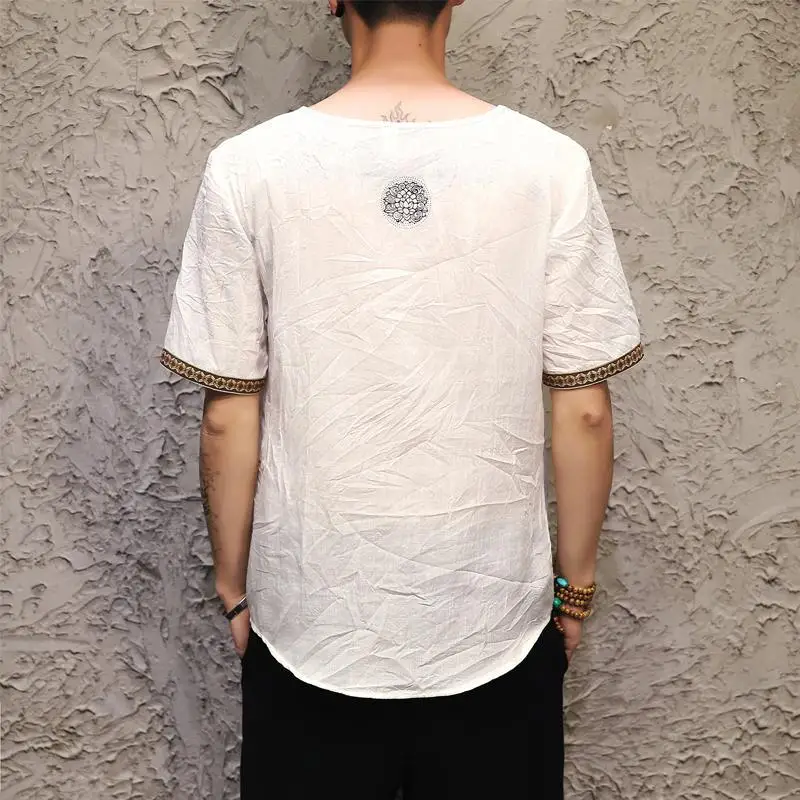 Традиционная китайская блузка 5XL размера плюс Мужская льняная рубашка с коротким