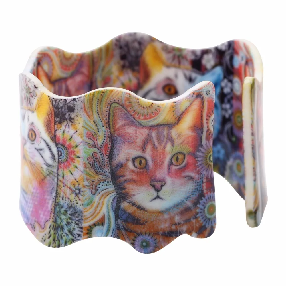 Женский браслет Bonsny широкий из акрила с рисунком в виде кошек и животных