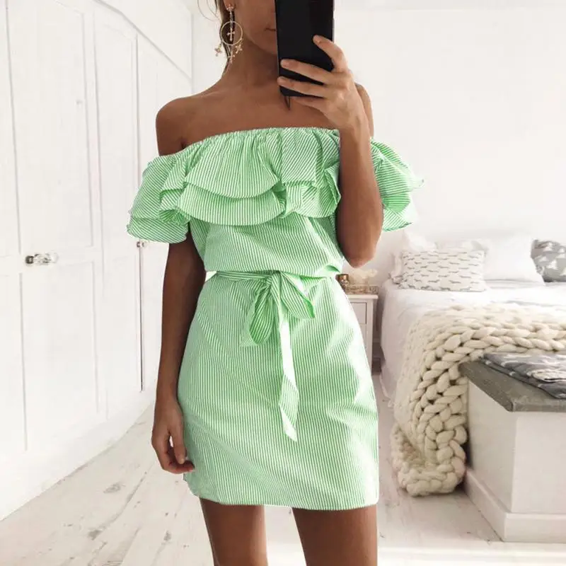 Новая женская синяя в полоску с открытыми плечами Раффлед Мини платье модные