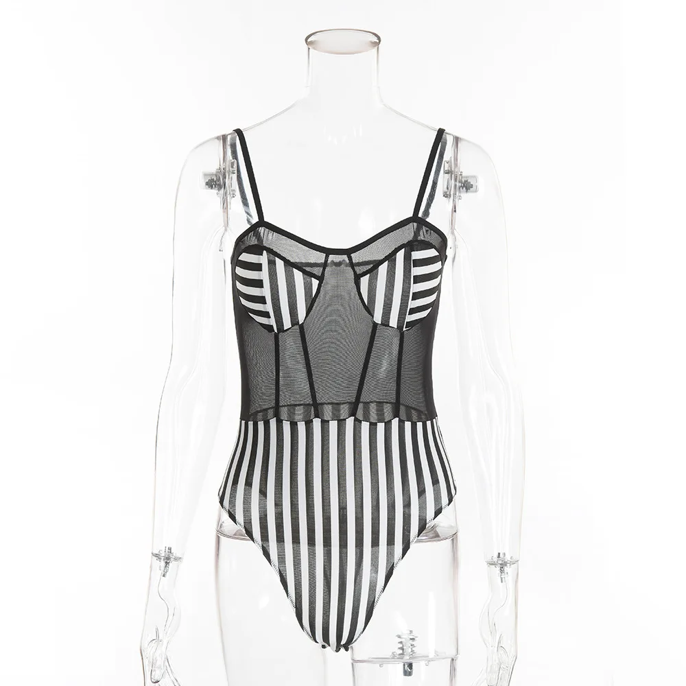 2018 Полосатый Сексуальный Комбинезон Боди короткий летний сетчатый черный