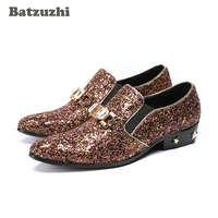 batzuzhi handmade men shoes pointed toe brown glitter crystal men leather dress shoes heels with stars wedding party shoes