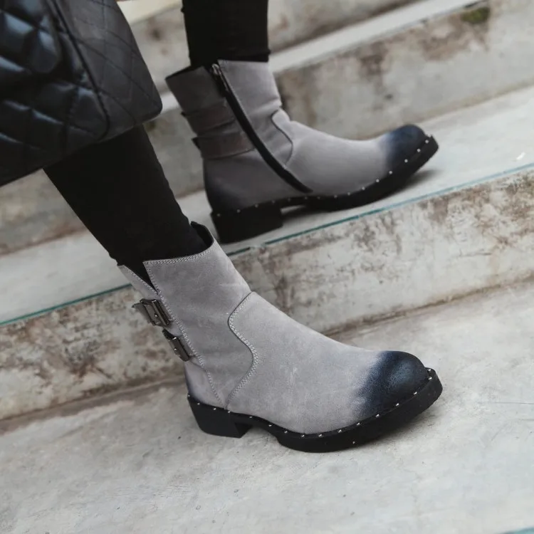 Большие размеры женские полусапожки на массивном каблуке синие ботинки в стиле